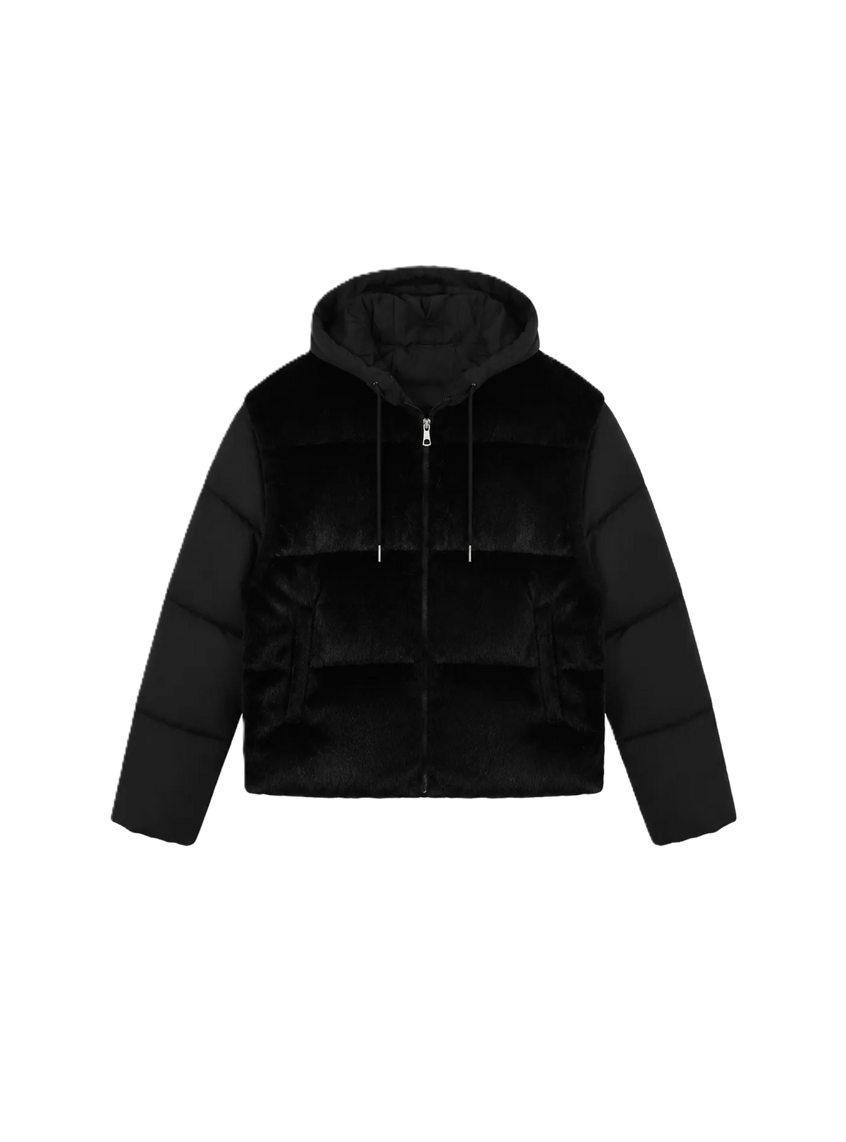 Down jacket with a plush front and detachable sleeves