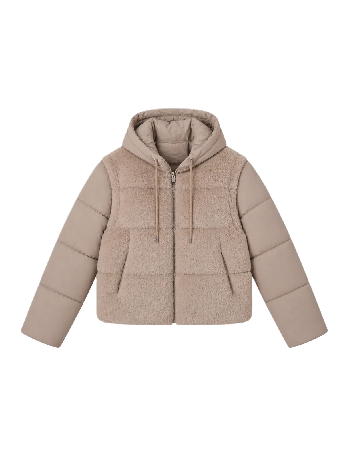 Down jacket with a plush front and detachable sleeves