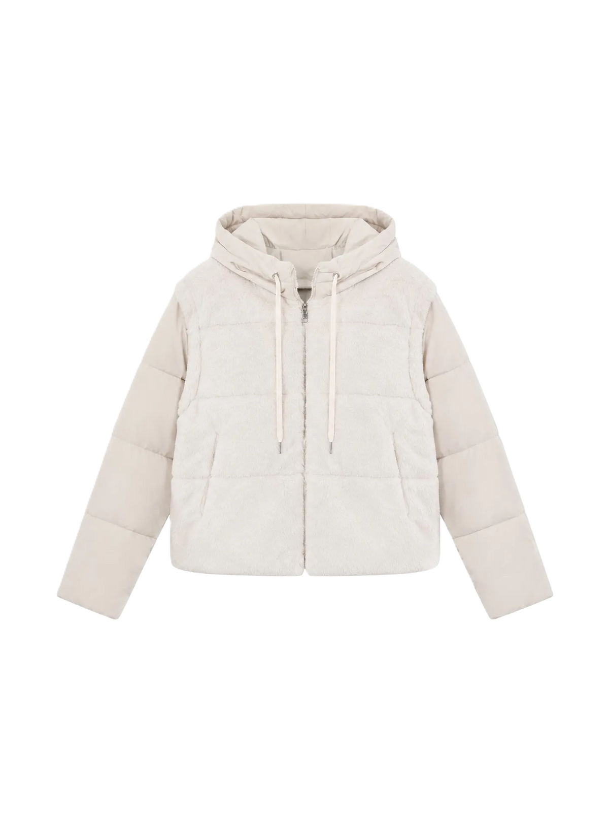 Down jacket with a plush front and detachable sleeves