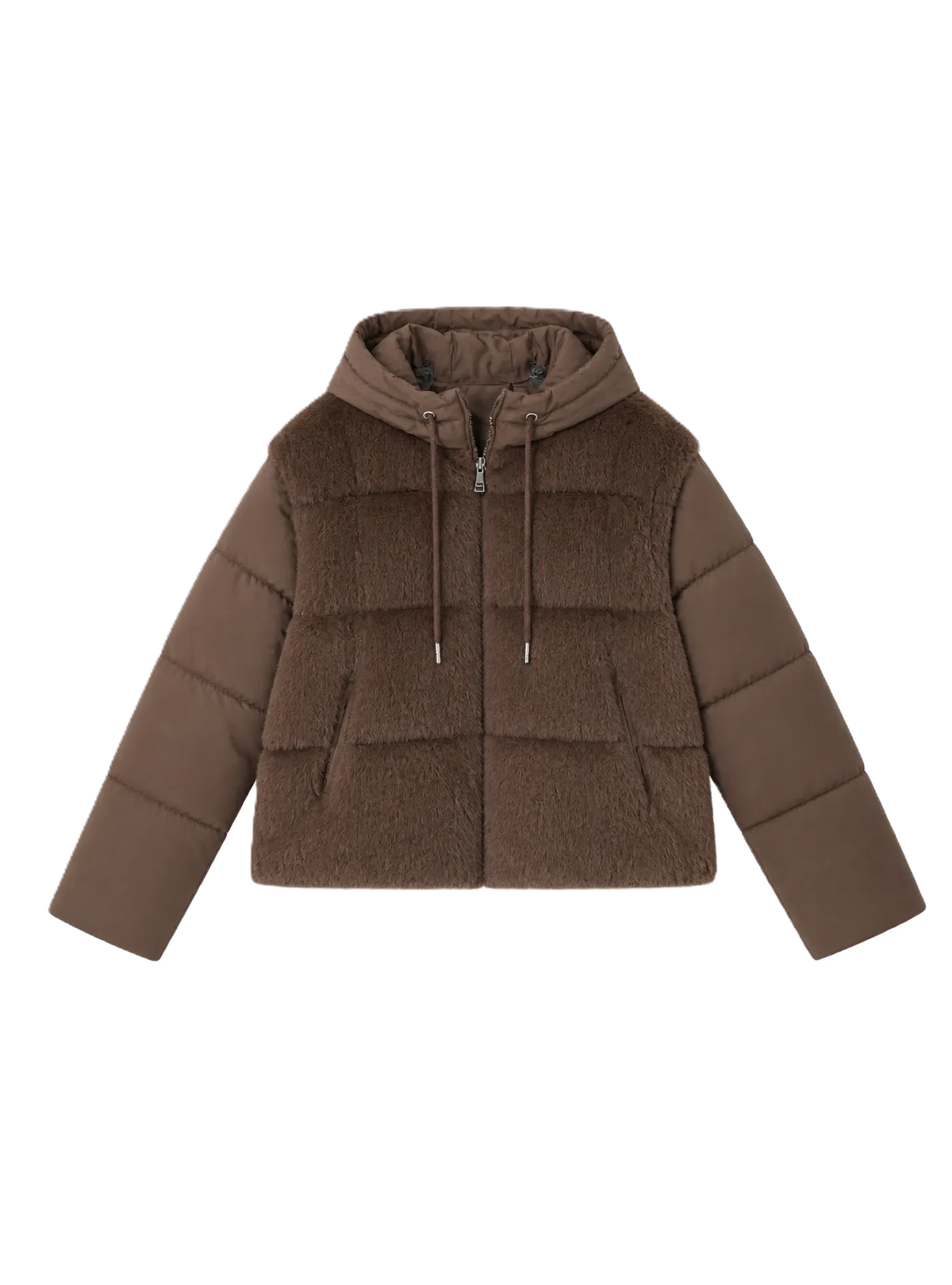 Down jacket with a plush front and detachable sleeves