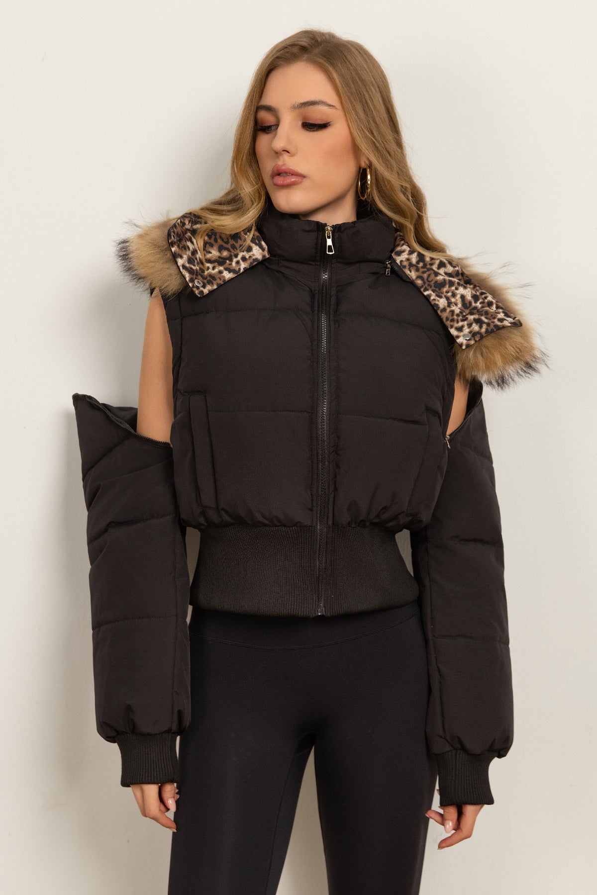Classic Down Jacket Featuring A Detachable Fur Collar and An Attached Hood.