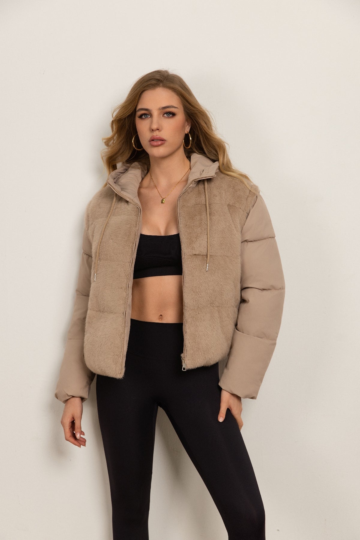 Down jacket with a plush front and detachable sleeves